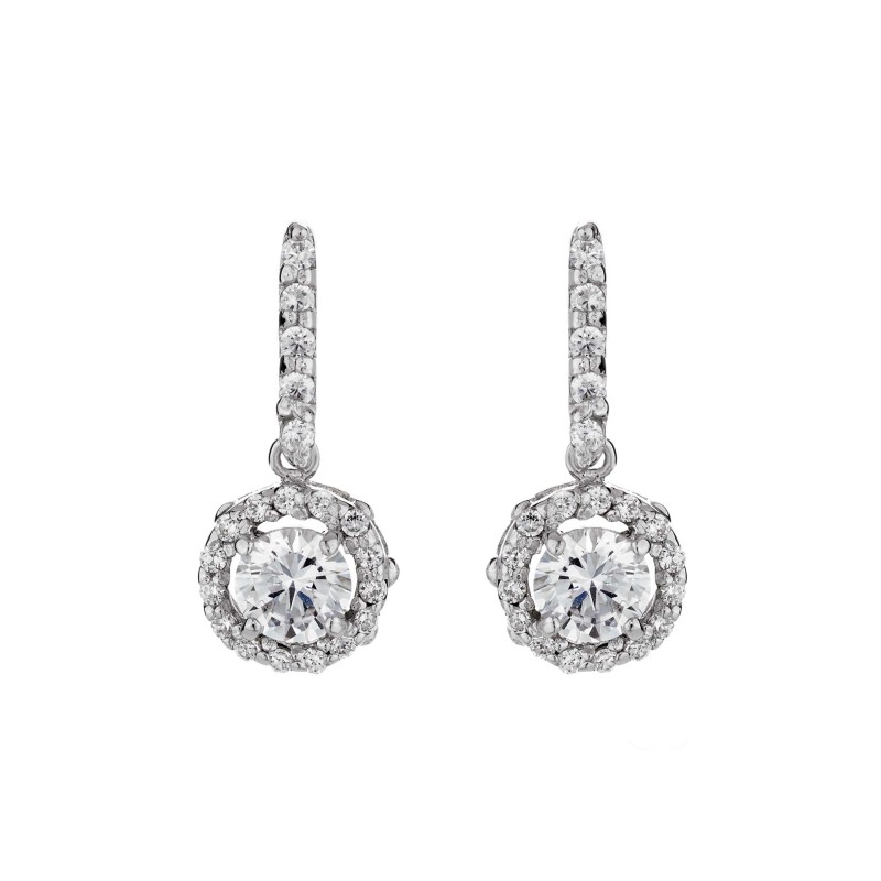 Silver Brilliant Cut Cubic Zirconia Halo Drop Earrings