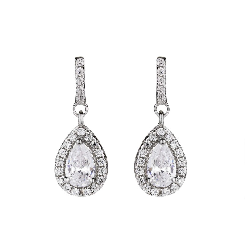 Silver Pear Cut Cubic Zirconia Halo Drop Earrings
