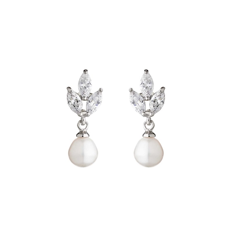 Silver Pearl and Marquise Cubic Zirconia  Drop Earrings