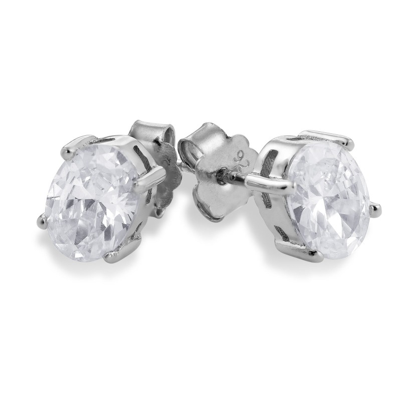 Silver Oval Cut Cubic Zirconia Stud Earrings