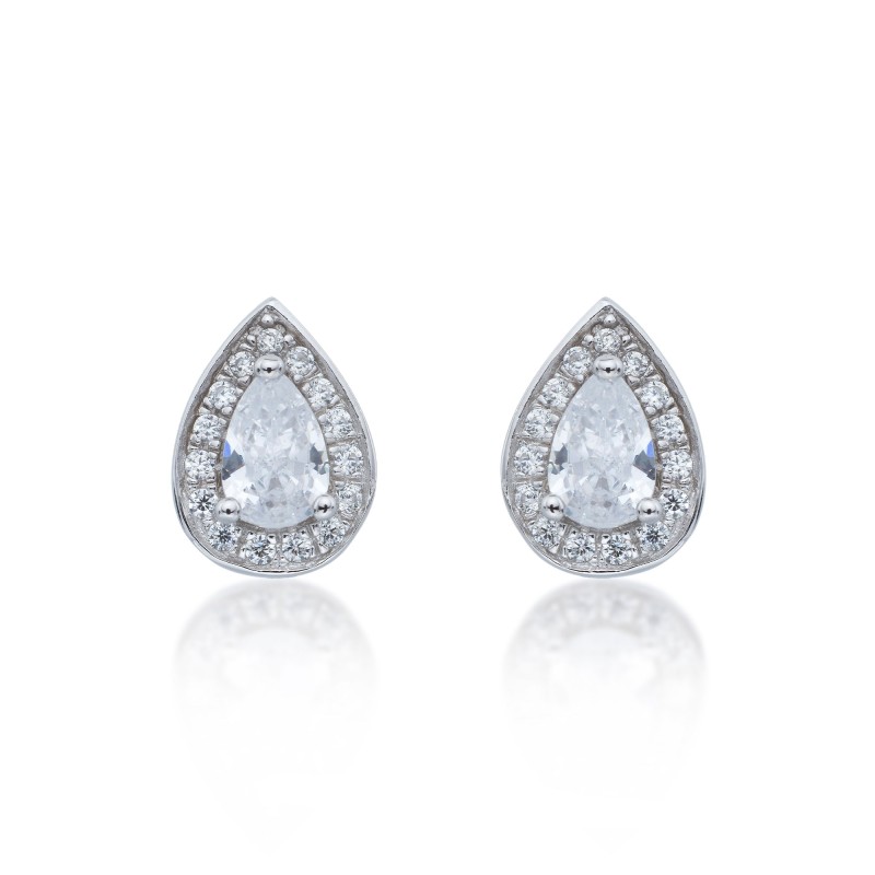 Silver Pear Cut Cubic Zirconia Halo Earrings