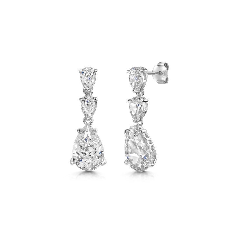 Silver Pear Cut Cubic Zirconia 3 Stone Drop Earrings