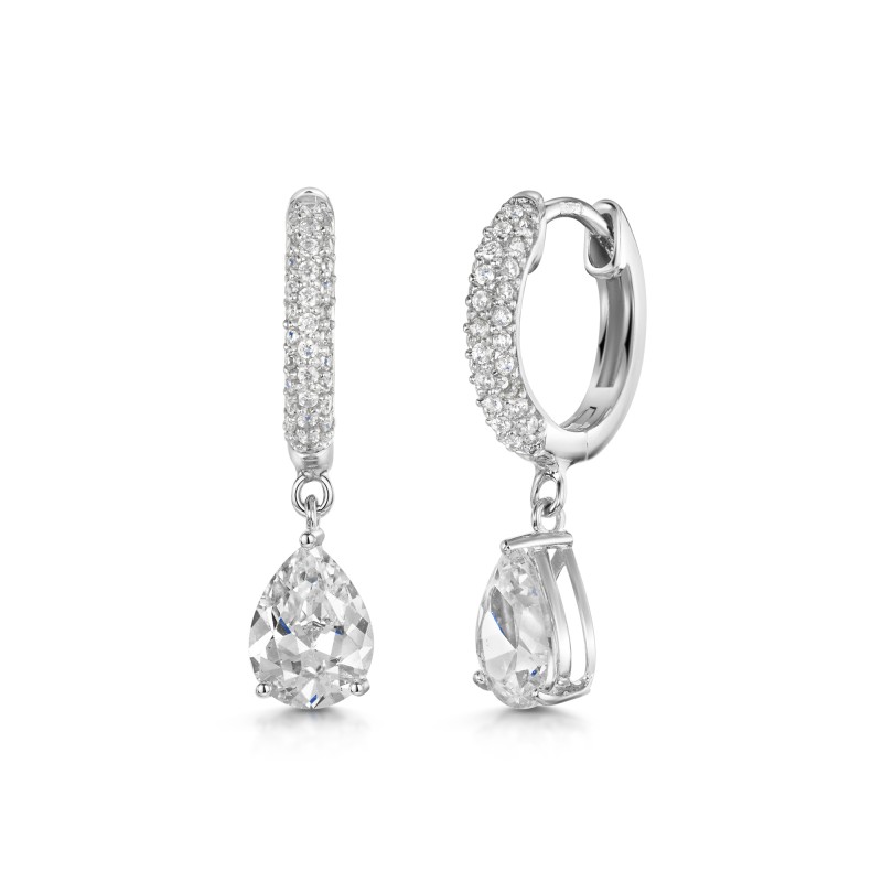 Silver Cubic Zirconia Pear Drop Huggie Hoop Earrings