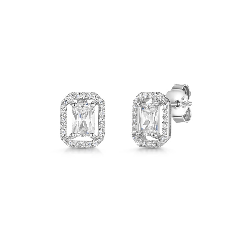 Silver Emerald Cut Cubic Zirconia Halo Earrings