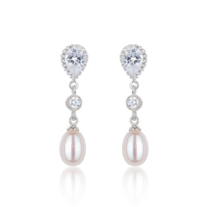 Silver Pearl and Cubic Zirconia Drop Earrrings