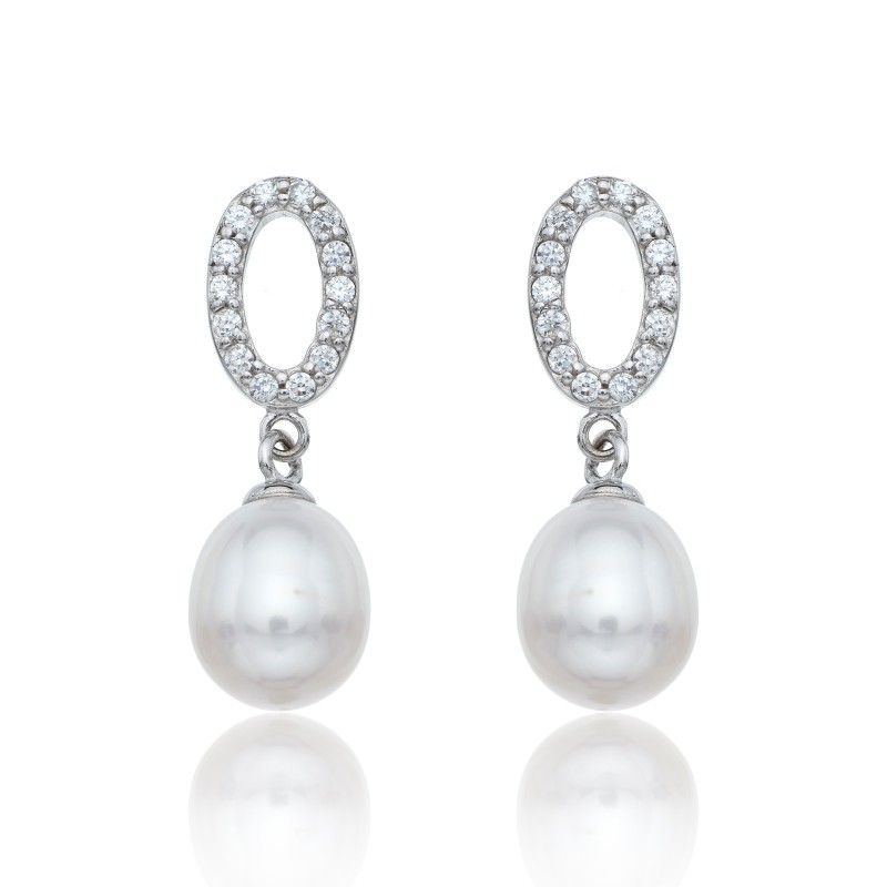 Sterling Silver Pearl & Cubic Zirconia Oval Drop Earrings