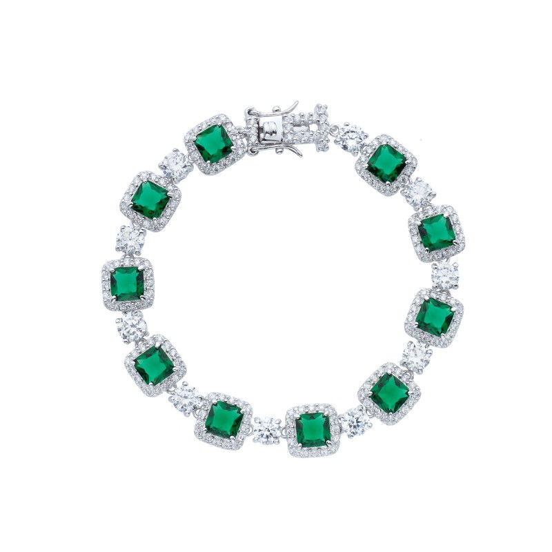 Silver Cushion Cut Forest Green Crystal and Cubic Zirconia Halo Bracelet