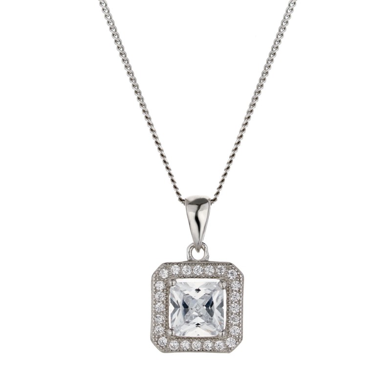 Silver Princess Cut Cubic Zirconia Halo Pendant