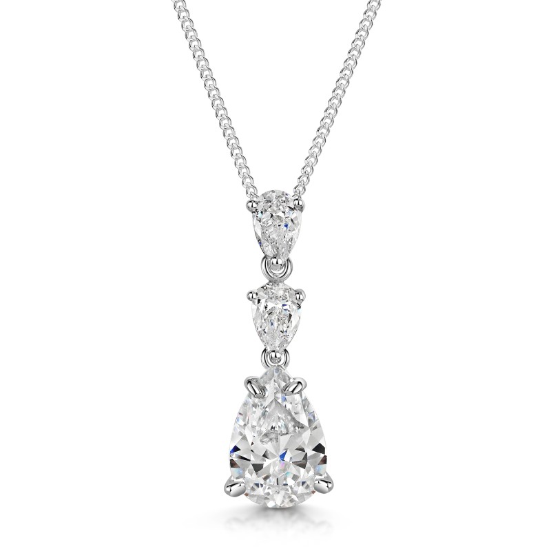 Silver Pear Cut Cubic Zirconia 3 Stone Drop Pendant