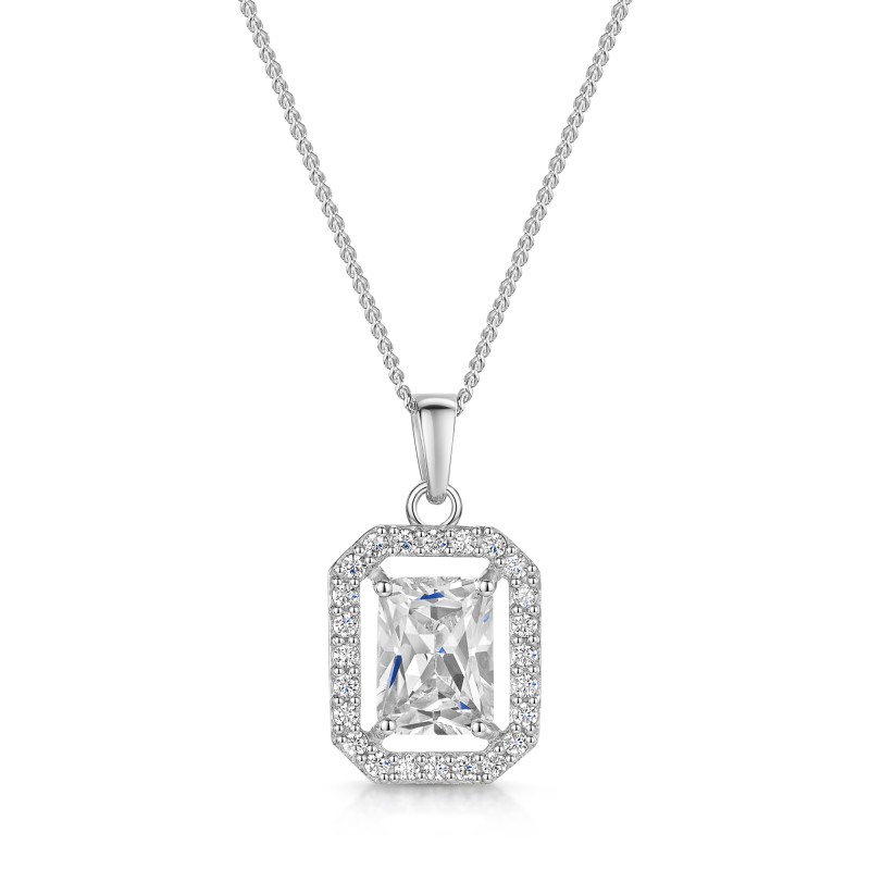 Silver Emerald Cut Cubic Zirconia Halo Pendant