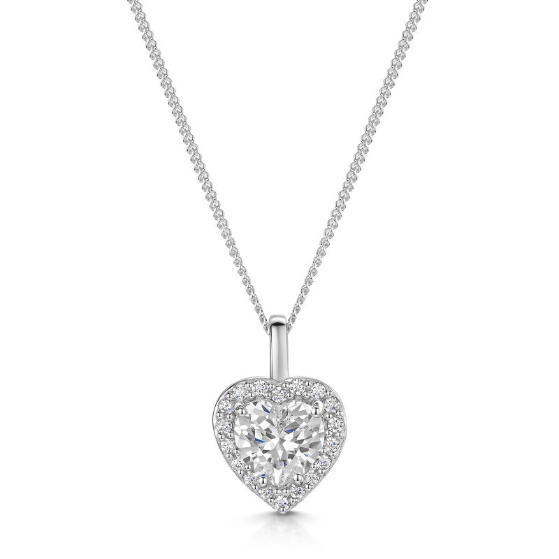 Silver Cubic Zirconia Heart Shaped Halo Pendant