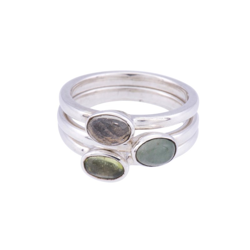 Silver Green Stone Triple Stack Ring