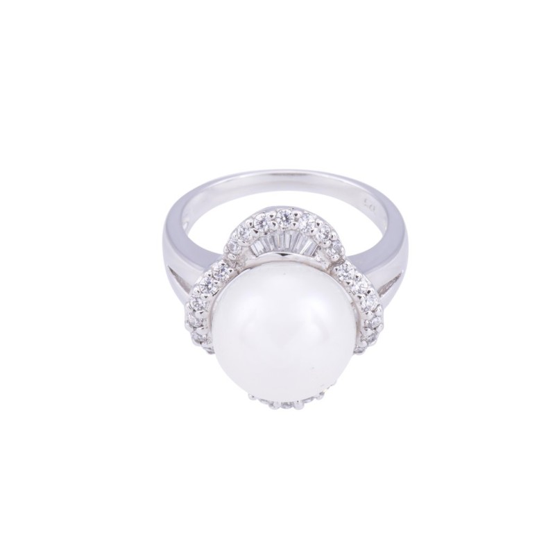 Silver Pearl and Cubic Zirconia Flower Cluster Ring