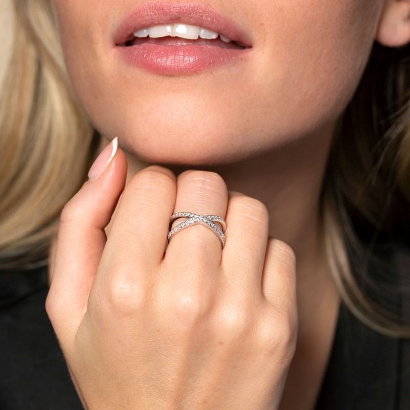 Silver cubic zirconia crossover fancy band