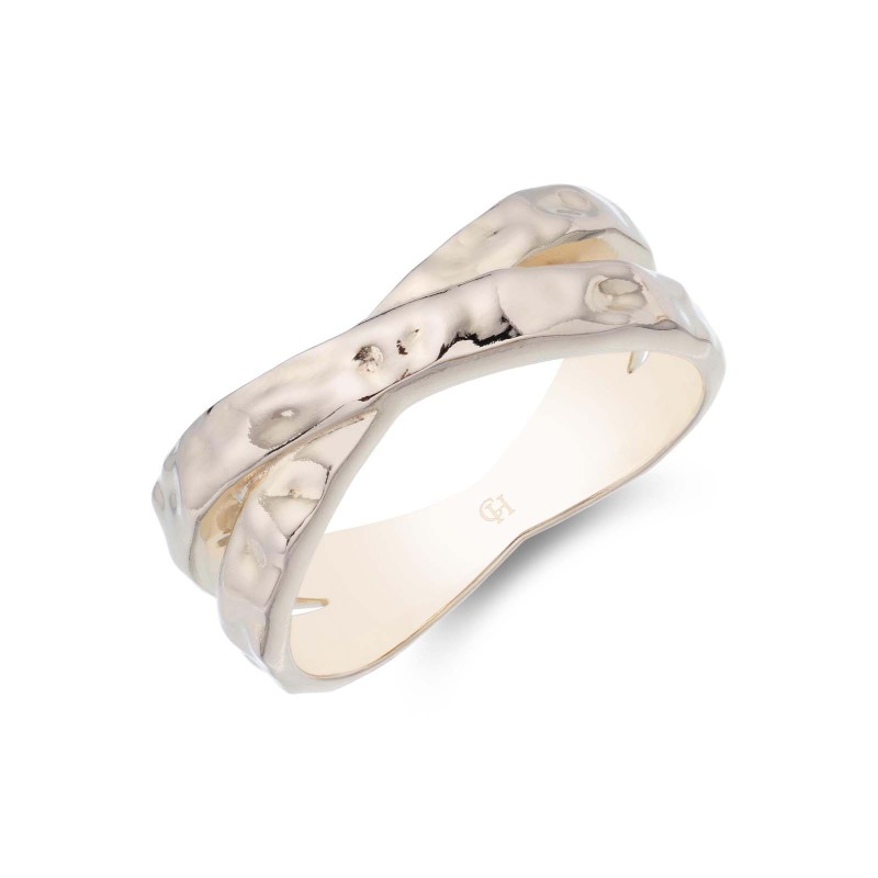 Sterling Silver Yellow Gold Plated Textured Crossover Ring
