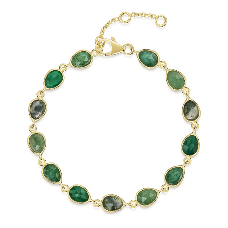 18ct Yellow Gold Vermeil Beryl Emerald, Green Aventurine, Moss Agate & Green Onyx Bracelet