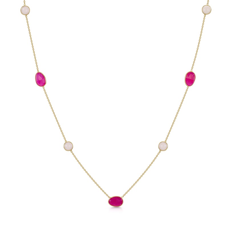 18ct Yellow Gold Vermeil Pink Fuchsia & Opal 24" Necklet