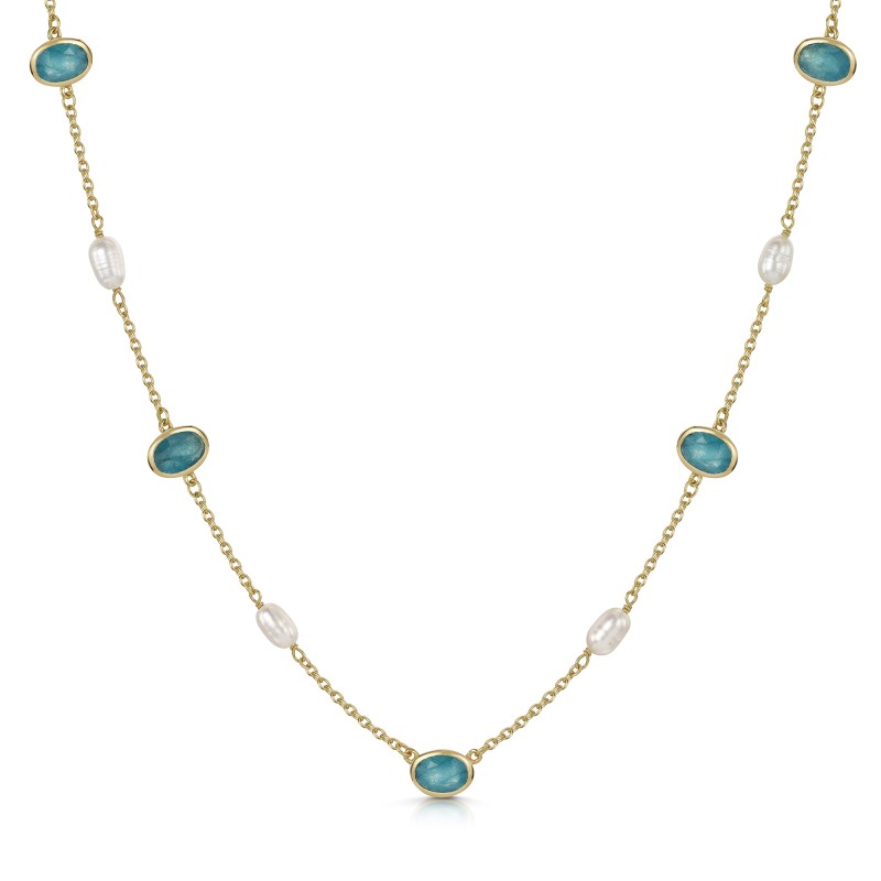 18ct Yellow Gold Vermeil Green White Jade & Pearl Necklet