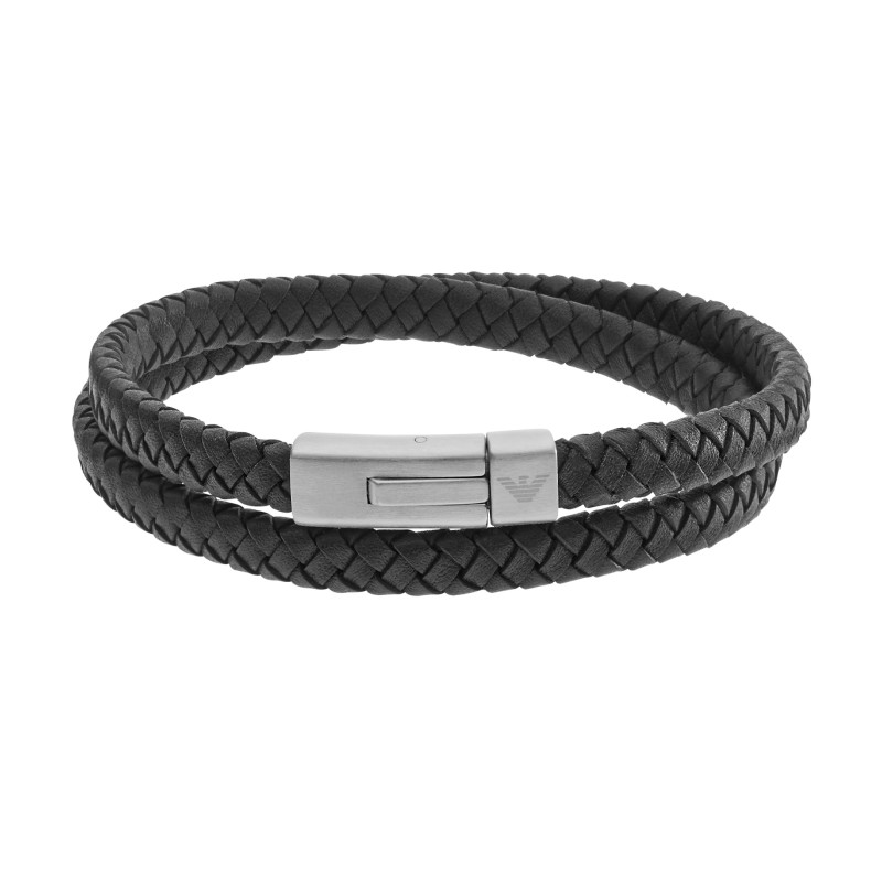 Emporio Armani Woven Double Black Leather & Stainless Steel Mens Bracelet EGS2176040