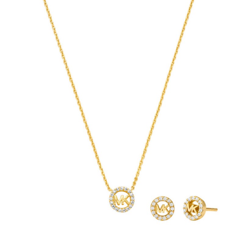 Michael Kors Fulton Pavé Logo Charm Necklace and Earrings Gift Set MKC1837SET 