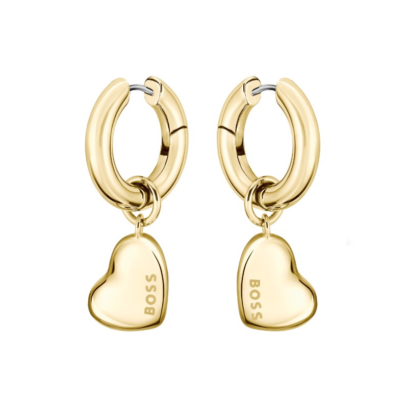 BOSS Honey Love Gold Tone Huggie Hoop Heart Charm Earrings 1580641
