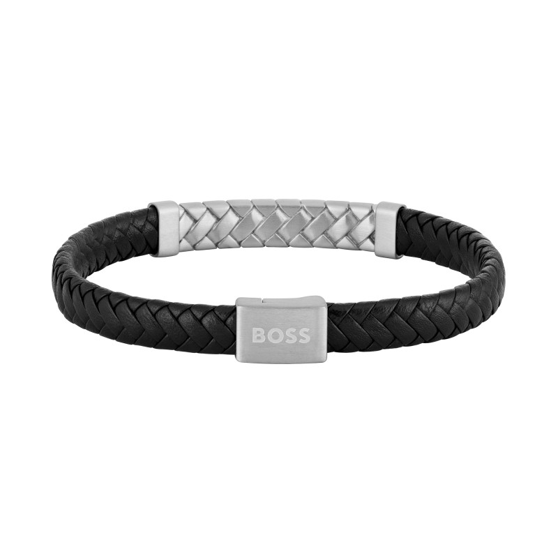BOSS Herringbone Black braided Leather & Steel Gents Cuff 1580674M