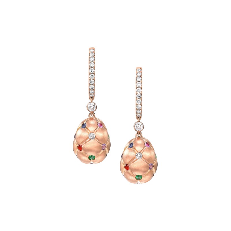Fabergé Treillage Brushed Rose Gold Diamond & Multi-Coloured Gemstone Egg Drop Earrings 1