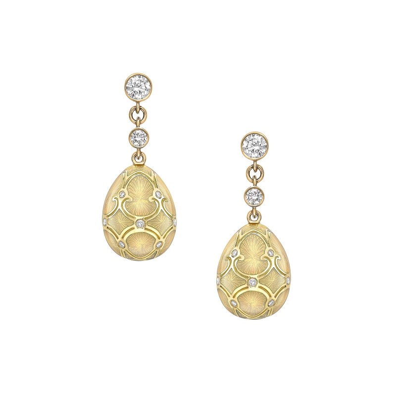 Faberg&eacute; Heritage Yellow Gold Diamond & Opalescent Guilloch&eacute; Enamel Egg Drop Earrings 387EA1448