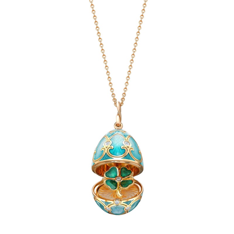 Fabergé Heritage Yellow Gold Diamond & Turquoise Guilloché Enamel Clover Surprise Locket 1