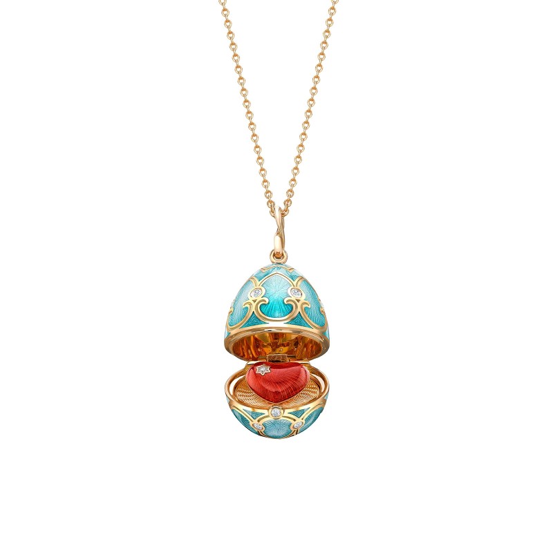 Fabergé Heritage Yellow Gold Turquoise Guilloché Enamel Heart Surprise Locket Pendant 1151FP2016