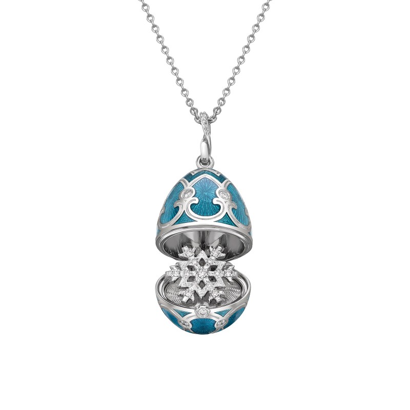 Fabergé Heritage White Gold Teal Guilloché Enamel Snowflake Surprise Locket Pendant 1151FP1919