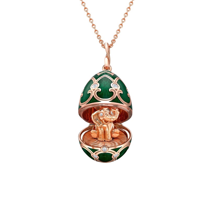 Faberg&eacute; Heritage Rose Gold Green Guilloch&eacute; Enamel Elephant Surprise Locket Pendant 1308FP2346
