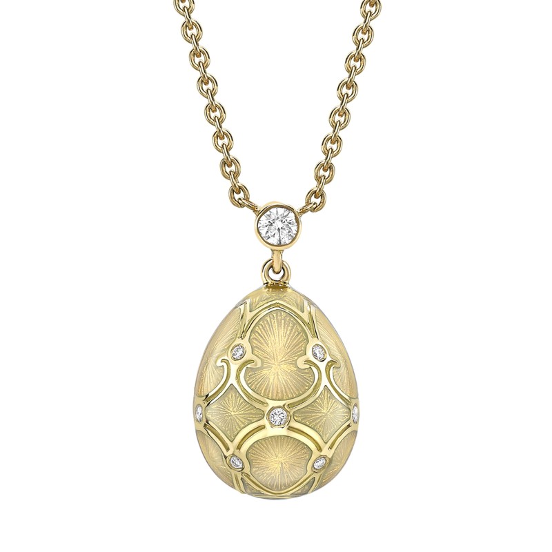 Fabergé Heritage Yellow Gold White Guilloché Enamel Petite Egg Pendant 1152FP1445