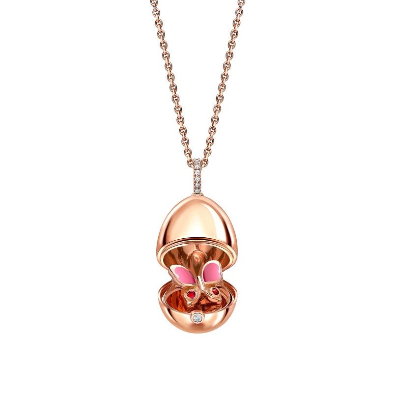 Fabergé Essence Rose Gold Ruby & Pink Lacquer Butterfly Surprise Locket Pendant 1258FP2394