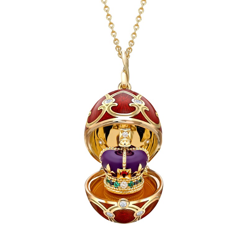 Fabergé Heritage Yellow Gold Diamond and Red Guilloché Enamel Coronation Crown Surprise Locket 1151FP3528