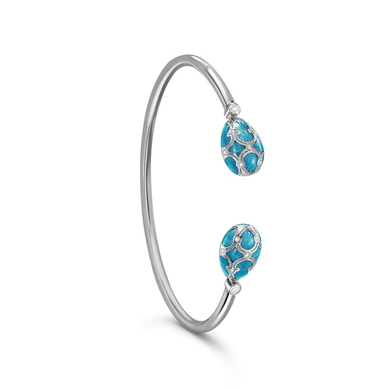 Fabergé Heritage White Gold Teal Guilloché Enamel Open Set Bangle 1057BT2452