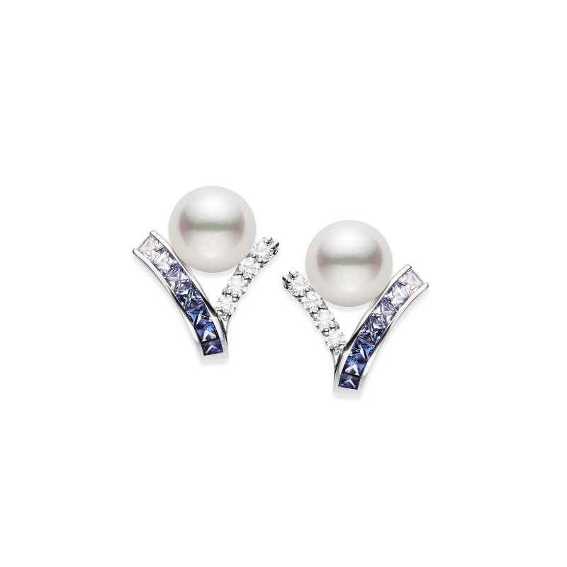Mikimoto Ocean 1.05ct Sapphire & 0.29ct Diamond 8mm Pearl Earrings PEL 10338SDW