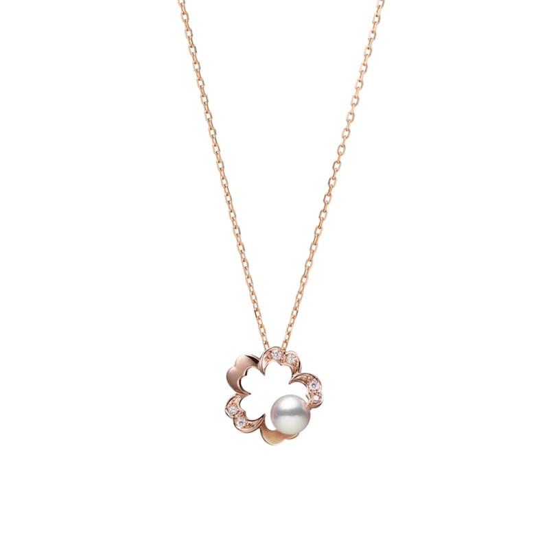 Mikimoto Cherry Blossom 18ct Rose Gold Akoya Pearl Diamond Pendant PP 20589D Z