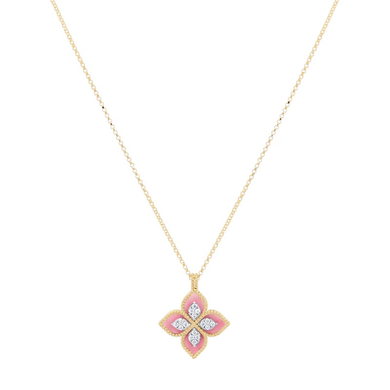 Roberto Coin Princess Flower 18ct Yellow Gold 0.18ct Diamond & Rhodonite Pendant ADV888CL2462 YW