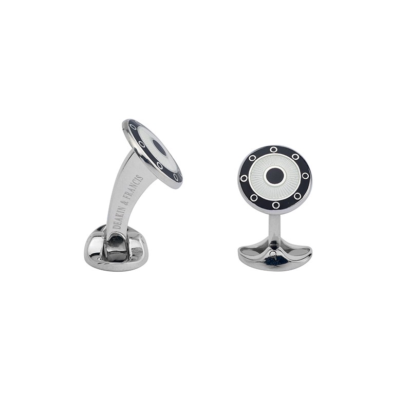 Deakin & Francis Vitreous Enamel Sterling Silver Round Black And Clear Cufflinks