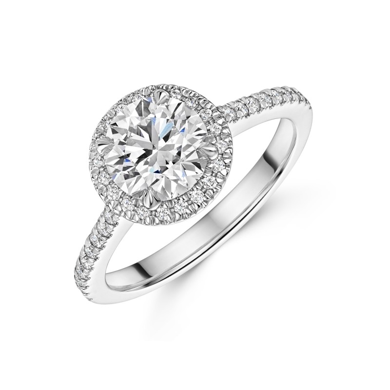 Platinum Lab Grown 1.50ct Round Brilliant Diamond Halo Shoulders Ring
