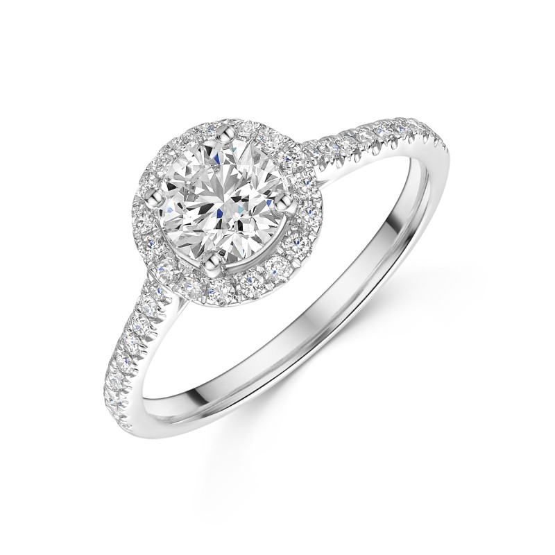 Platinum Round Brilliant 0.75ct Lab Grown Diamond Halo Ring with Diamond Set Shoulders