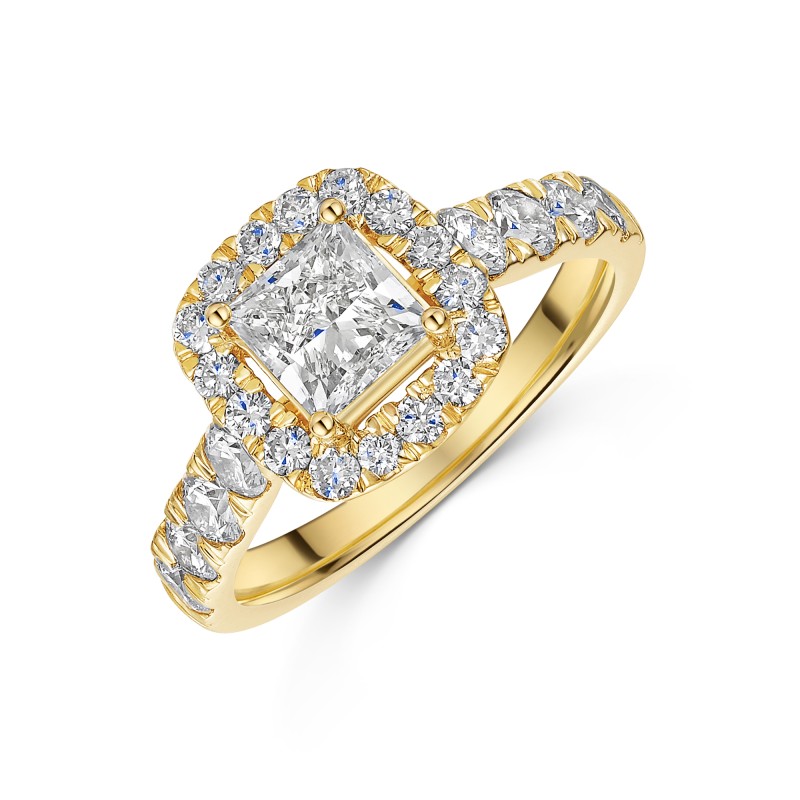18ct Yellow Gold 2.00ct Princess Cut Lab Grown Diamond Halo Solitaire Ring