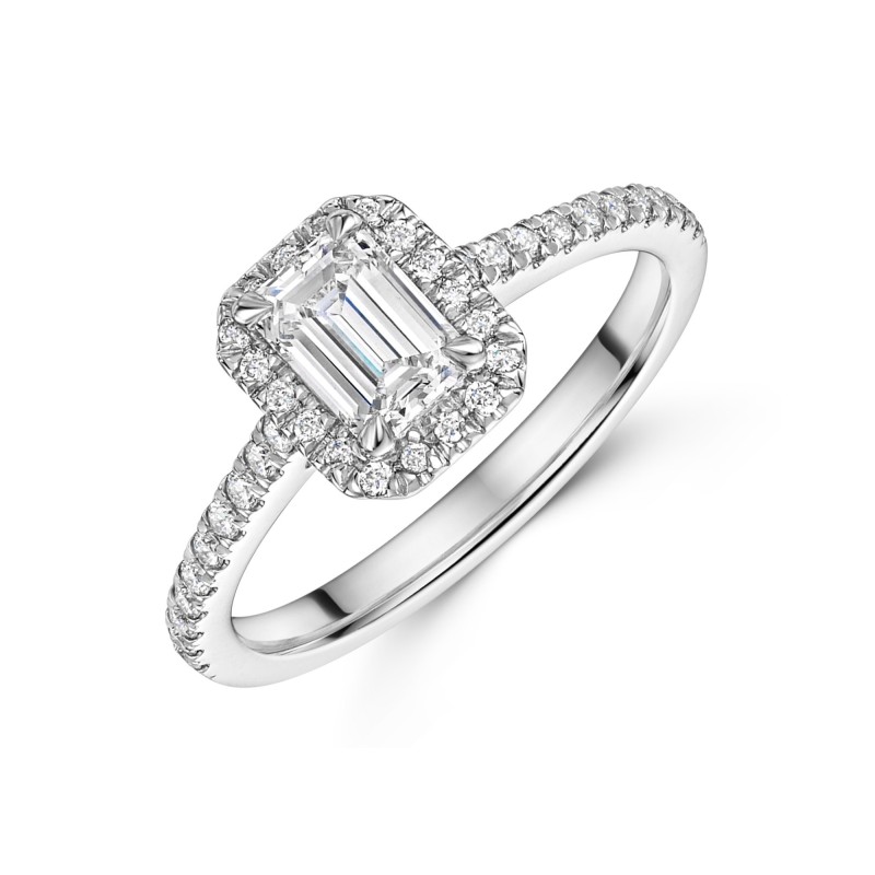 Platinum Lab Grown 0.75ct Emerald Diamond Shoulders Halo Ring