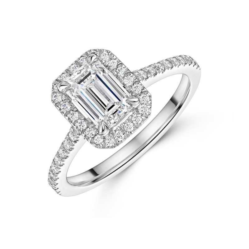 Platinum Lab Grown 1.00ct Emerald Diamond Shoulders Halo Ring