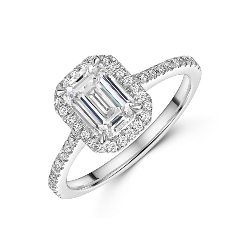 Platinum Lab Grown 1.50ct Emerald Diamond Shoulders Halo