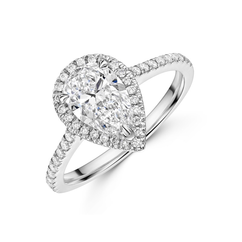 Platinum Lab Grown 1.50ct Pear Diamond Halo Shoulders Ring