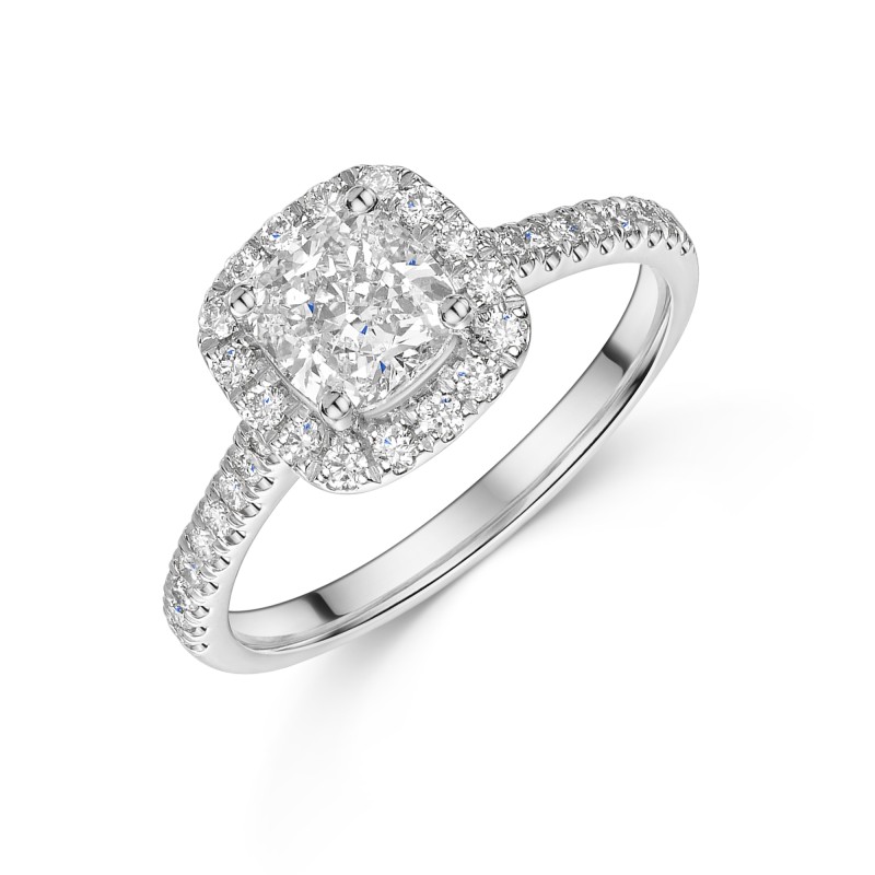 Platinum Cushion Cut 1ct Lab Grown Diamond Halo Ring with Diamond Shoulders