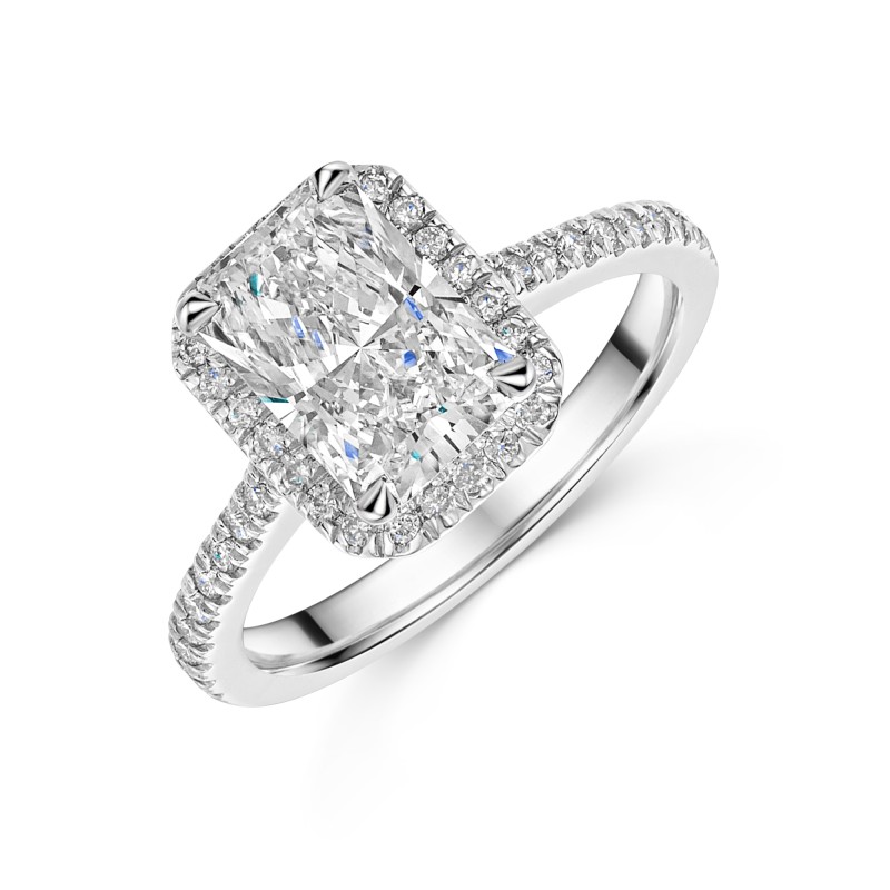 Platinum Lab Grown 2.00ct Radiant Diamond Halo Shoulders Ring