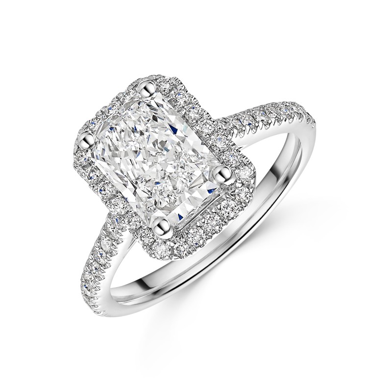 Platinum 2.25ct Radiant Cut Lab Grown Diamond Solitaire Halo Ring with Diamond Shoulders